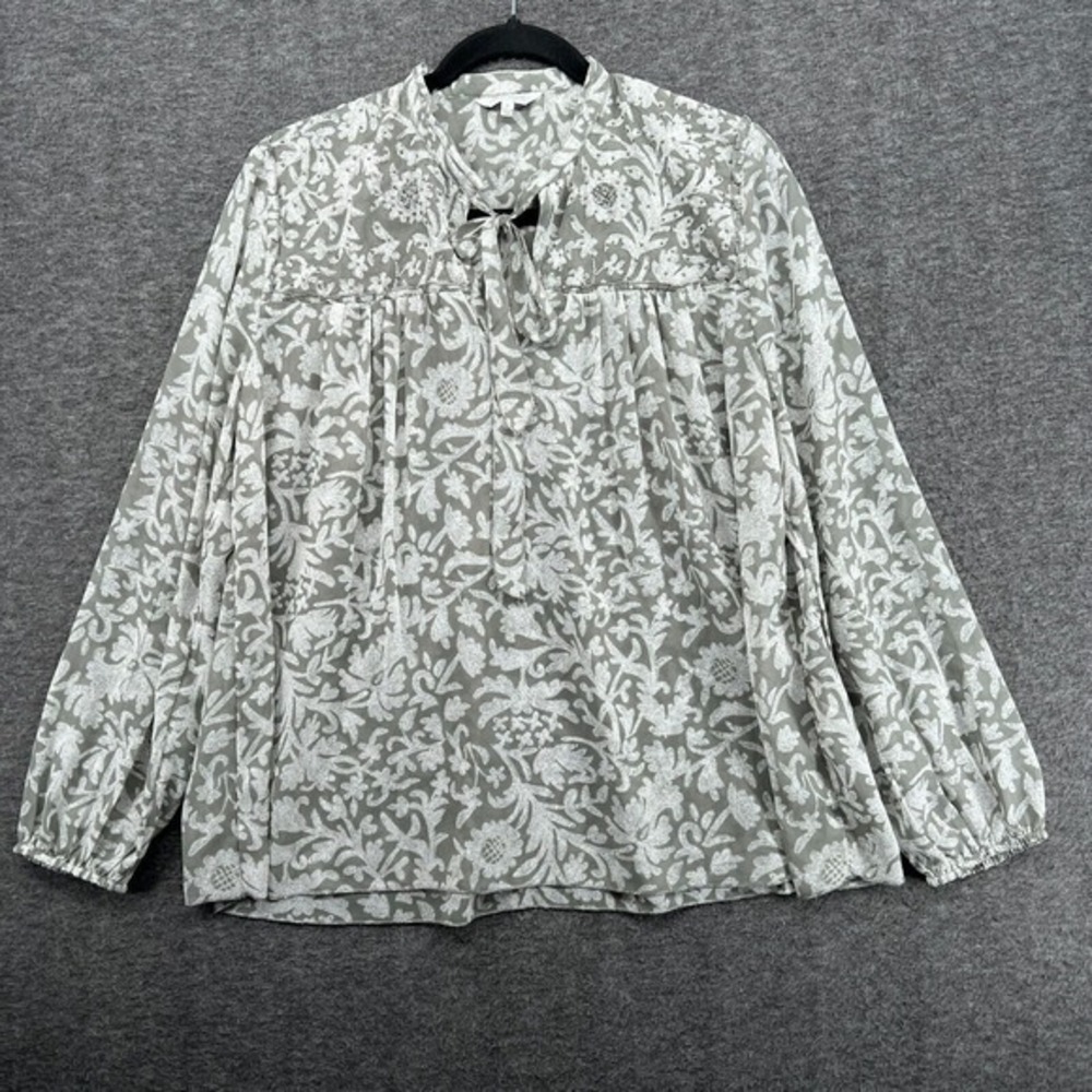 Lucky Brand Top Womens Size M Gray‎ White Bow Tie Beaded Secretary Office Career